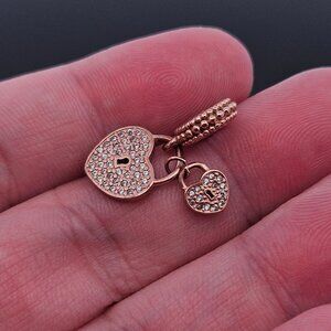 925 Sterling Silver Pandora Rose Tone Crystal Padlock Hearts Dangle Charm